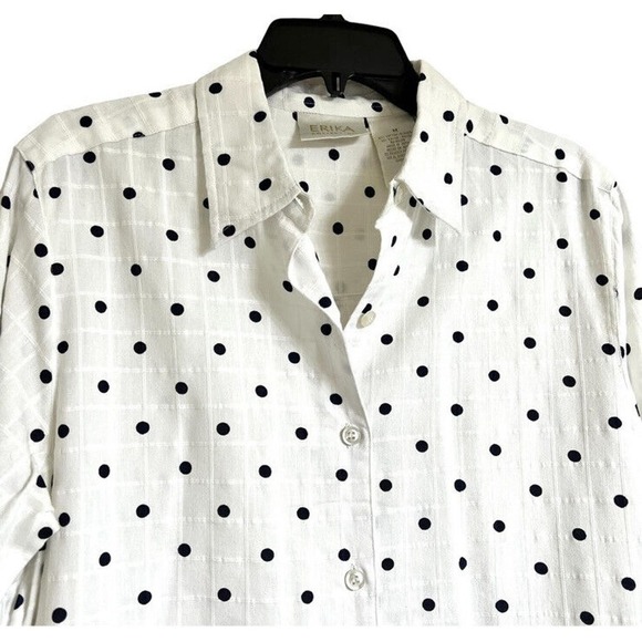 Erika Blouse Long Sleeve Collar Button White‎ Navy Polkadots Side Slits New - Picture 4 of 15